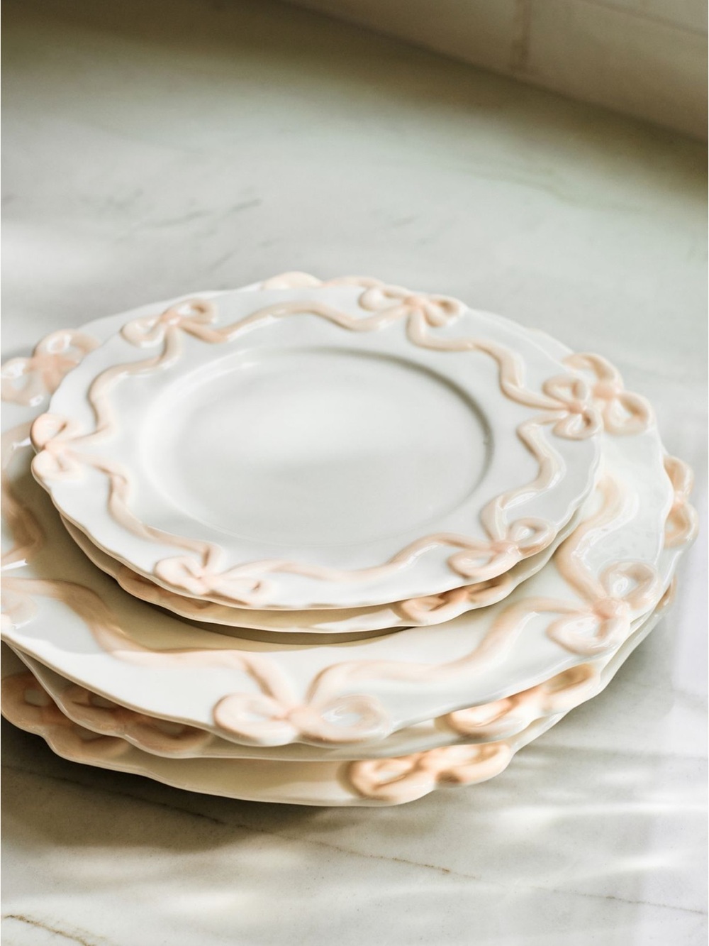Anthropologie Benedita Bow Stoneware Side Plates | Set of 4 | Pink | NIB